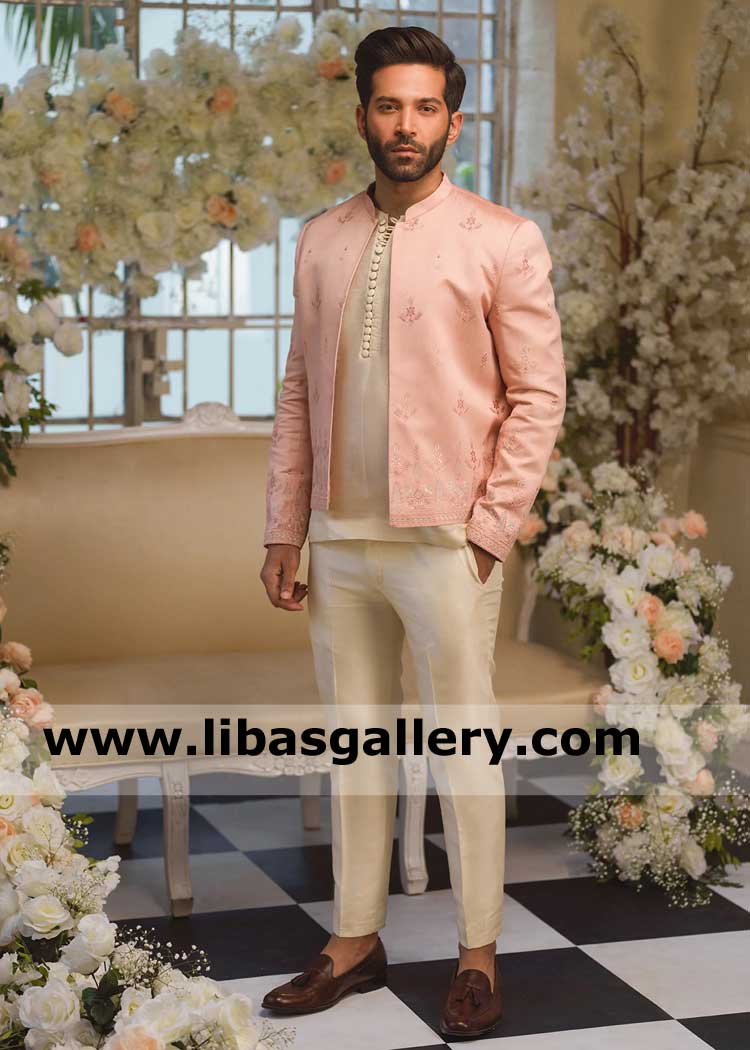 Custom Tailored peach monotone Embroidered Men Prince suit in cotton silk with ivory organza kurta and raw silk pants Oklahoma Nevada Michigan USA