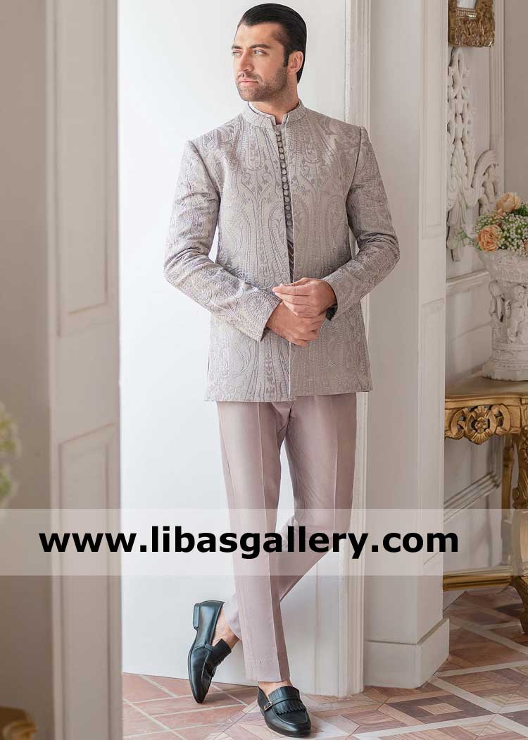 Grey Raw silk prince coat for men with monotone thread embroidery paired with inner kurta and superb quality raw silk pants Newport Swansea Bradford UK