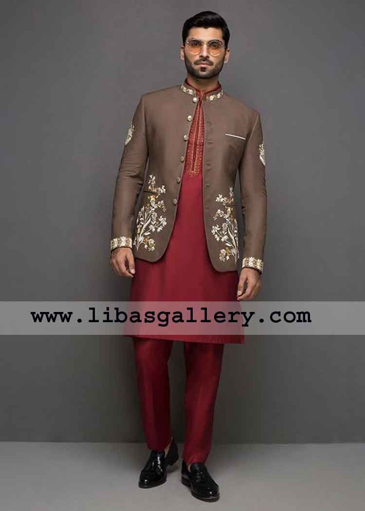 Brown suiting fabric wedding jacket for happy face groom delicate embroidery on front collar arms London southhall UK