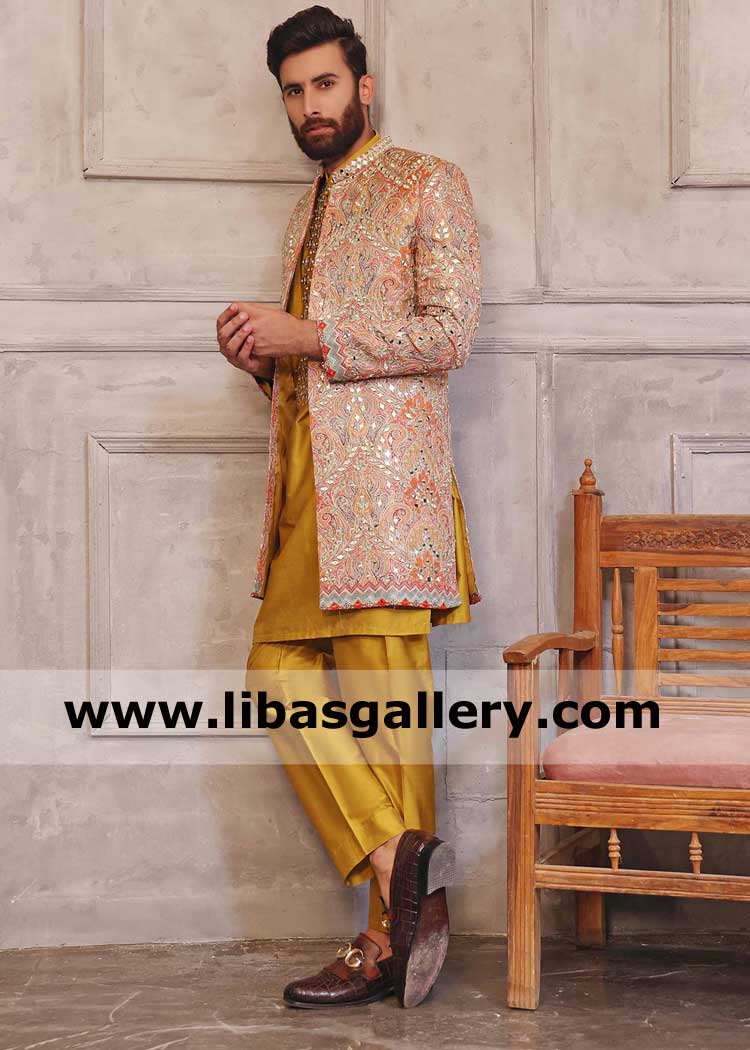 Multi Colored Groom Lush fancy Mirror Work Prince Coat for wedding paired with Mustard Raw silk kurta pajama inner best gift from family UK USA Dubai Canada Australia