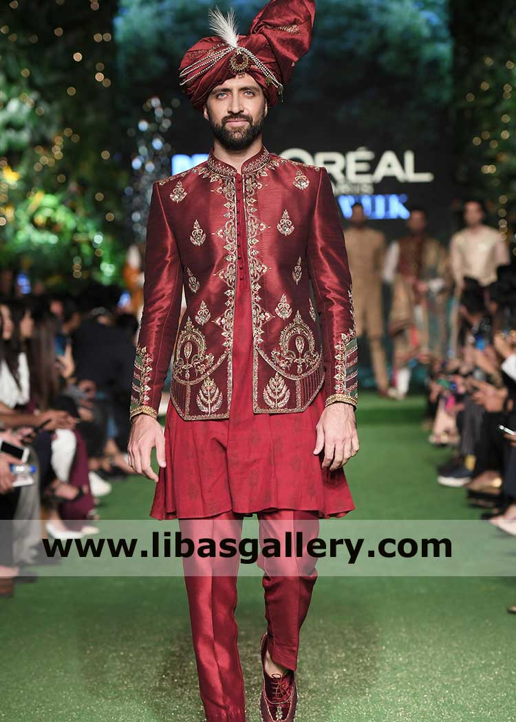 Red Maroon Men Embroidered Raw silk Wedding Prince Coat with matching Block Print Kurta and Raw silk Trouser Aberdeenshire Berkshire Banffshire UK