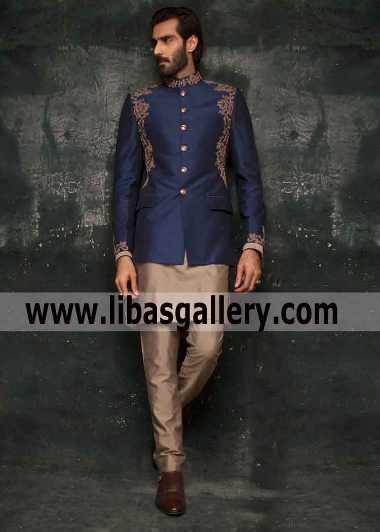 ROYAL BLUE HAND EMBROIDERED RAWSILK PRINCE COAT for guy with cotton silk kurta pajama UK USA Canada Australia Dubai