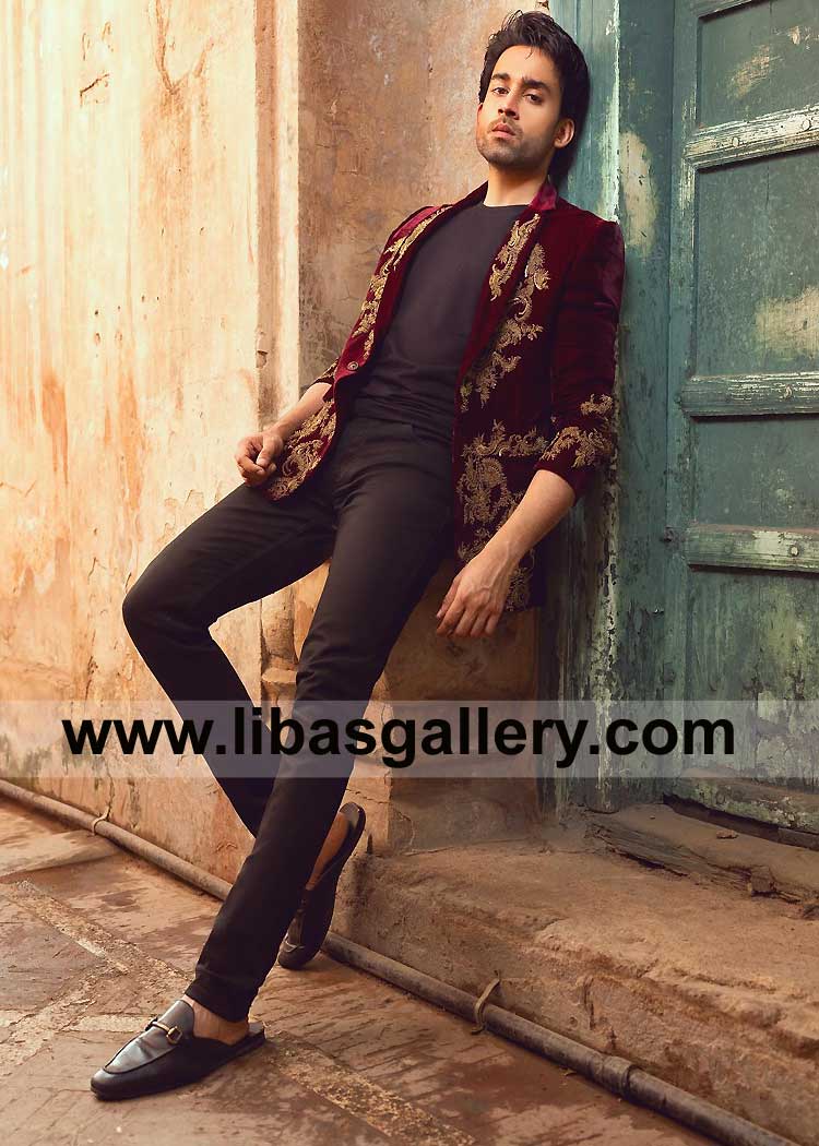 Burgundy Men Prince Coat Open Style with Antique Gold Hand Embellishment Bilal Abbas wearing with inner shirt and pants Aurora New Orleans USA