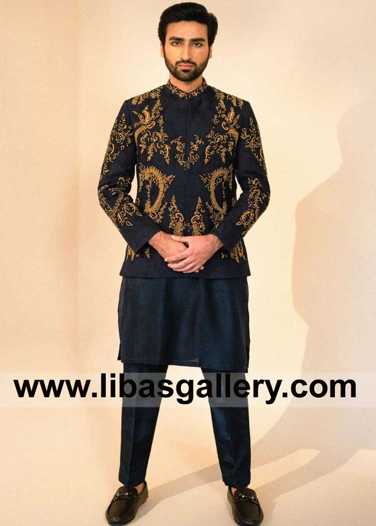 Midnight Blue Prince Coat meticulously crafted in paisley Karandi fabric with exquisite oxidized in antique gold work London New York Sydney Dubai Montreal