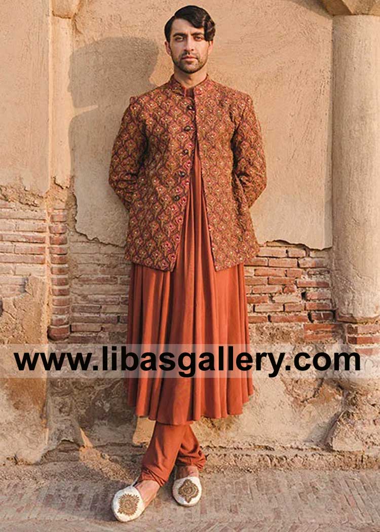 Exquisitely embroidered Rust Raw Silk wedding Prince Coat with Rajasthani Style Flared Inner kurta and Churidar Trouser Coventry Edinburgh London UK