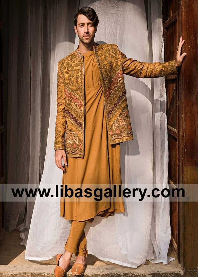 Mustard Prince Coat for Groom full hand embroidered with Rajasthani Style Flared Kurta and Churidar Trouser Springfield Hollywood Alexandria USA