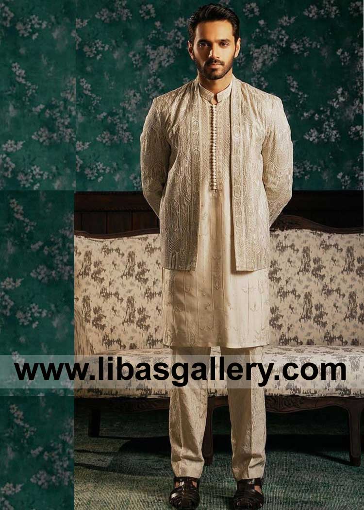 Groom Prince Coat hand embellished decorated by Dori and Tilla Work and inspired by Moroccan textiles and architecture UK USA France Australia Canada