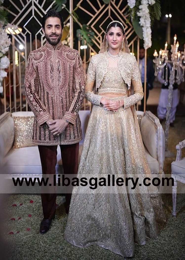 Heavy Embellished Men Celebrity Style Wedding Prince Coat Sheheryar Munawar wearing on his Nikah day with Bride Maheen UK USA Canada Dubai