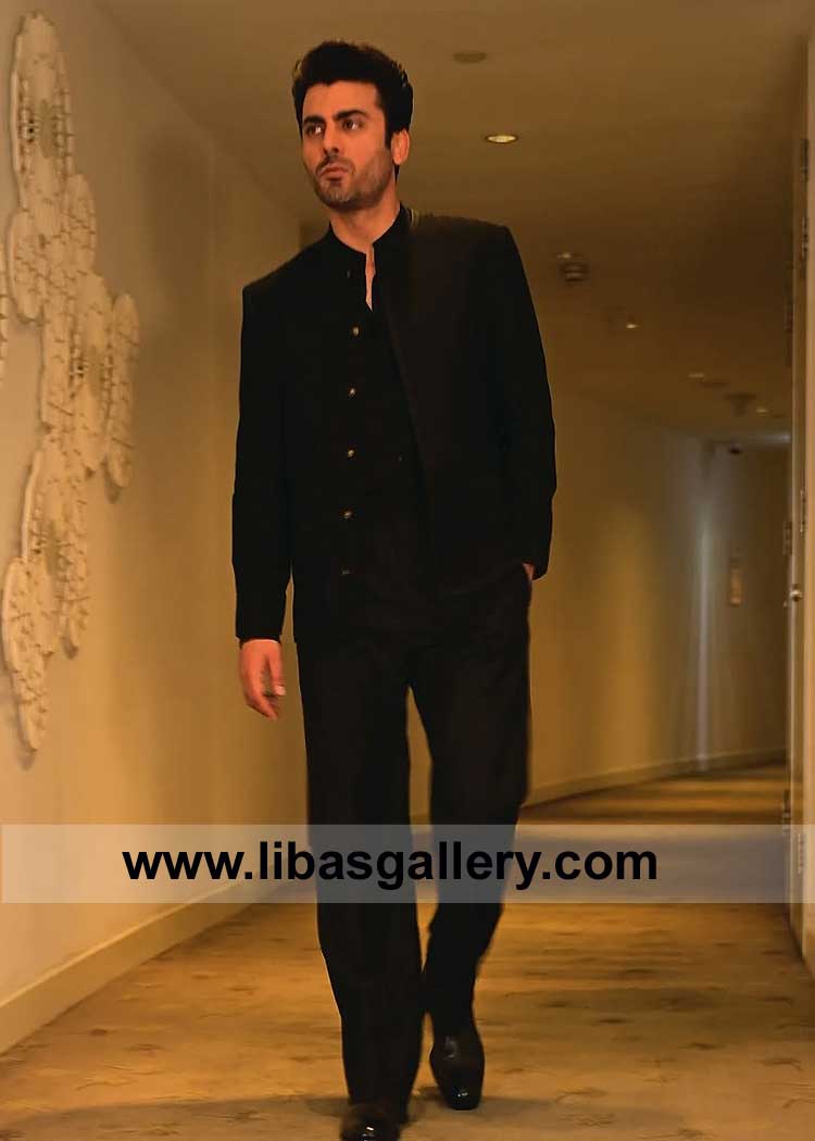 Fawad khan in Latest Black Blazer and matching pants with crisp black shirt inside exuding classic sophistication with a modern edge UK USA Canada Australia Dubai
