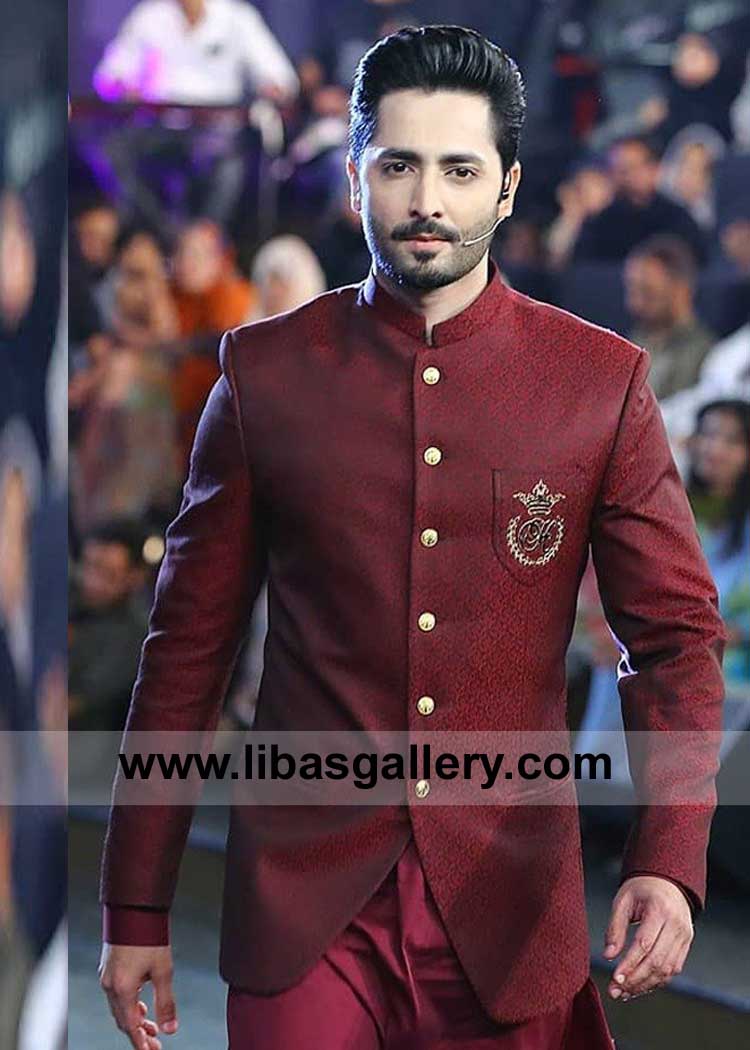 Danish Taimoor in Maroon Self Jamawar Prince coat with matching Kurta Pajama Suit inner Leeds Vancouver Washington Dubai Sydney