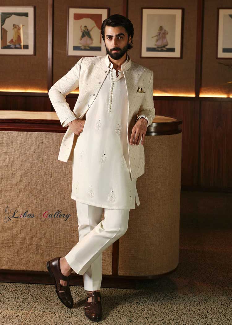 Nameer Khan in Off white Karandi based Prince coat embellished from finest Quality Pearl work Paired with Dori and mirror worked kurta Florida Georgia Hawaii USA
