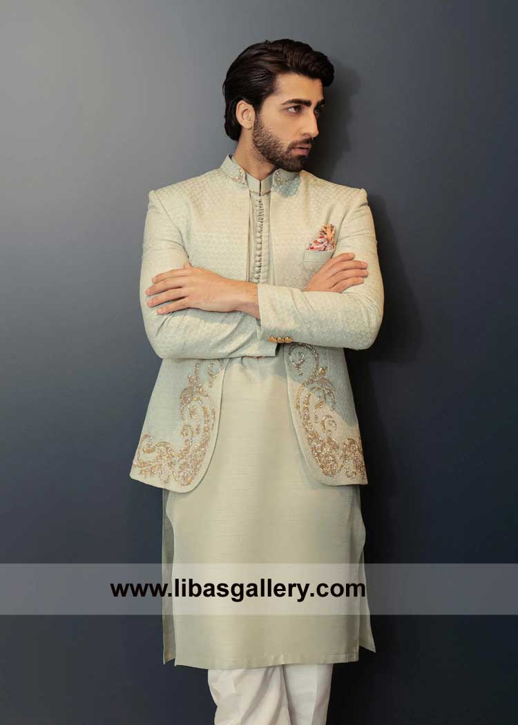 Mint green prince coat with silver gold hand embellishment on self karandi paired with raw silk loop buttons kurta Virginia Arizona Indiana USA