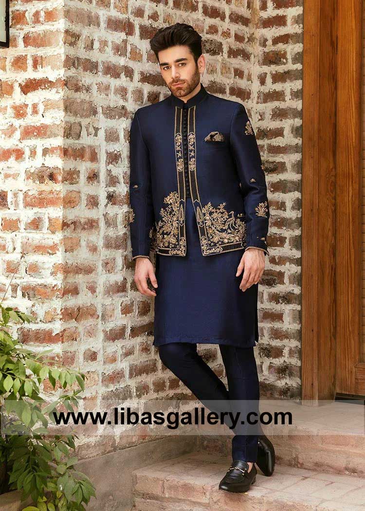 Blue Prince coat with Antique Gold hand embellishment patch work Buti Design on Front panels Sleeves Sydney Toronto New York Dubai
