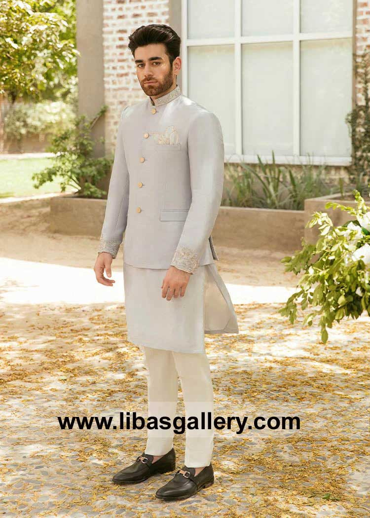 Prince Coat Gray with gold work made on Korean Raw silk paired matching Kurta White Trouser for occasion Nashville Phoenix Anchorage USA