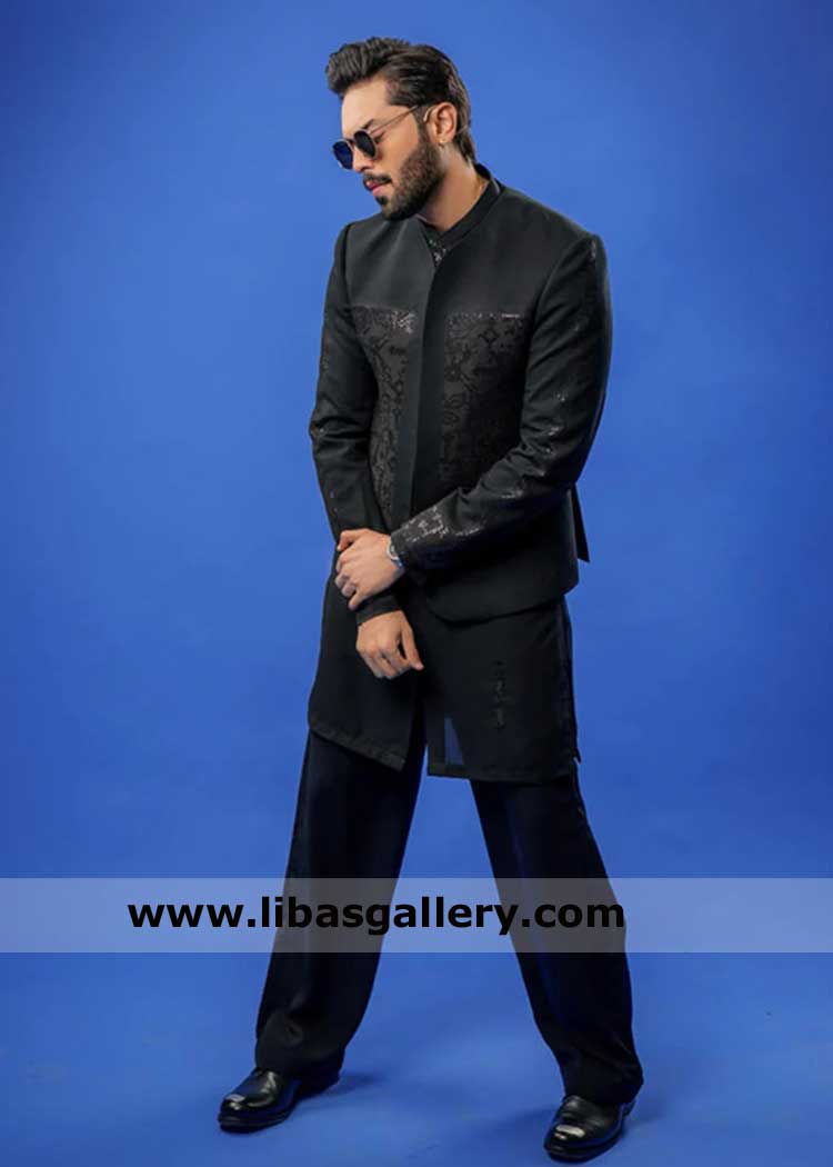 Men embroidered prince coat in black open style with matching plush inner embroidered kurta traditional attire Cardiff Dubai San Diego Malaysia