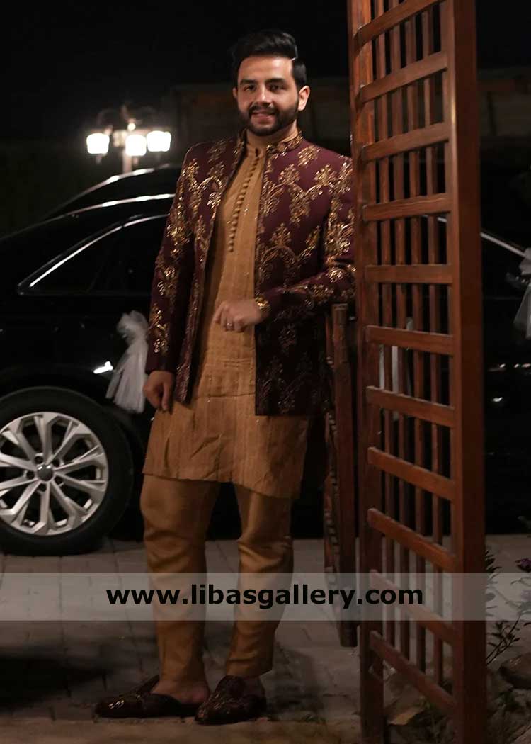 Groom prince coat in Maroon with Antique hand embellishment, Wedding Prince coat embroidered Bakersfield,Mobile,Detroit USA