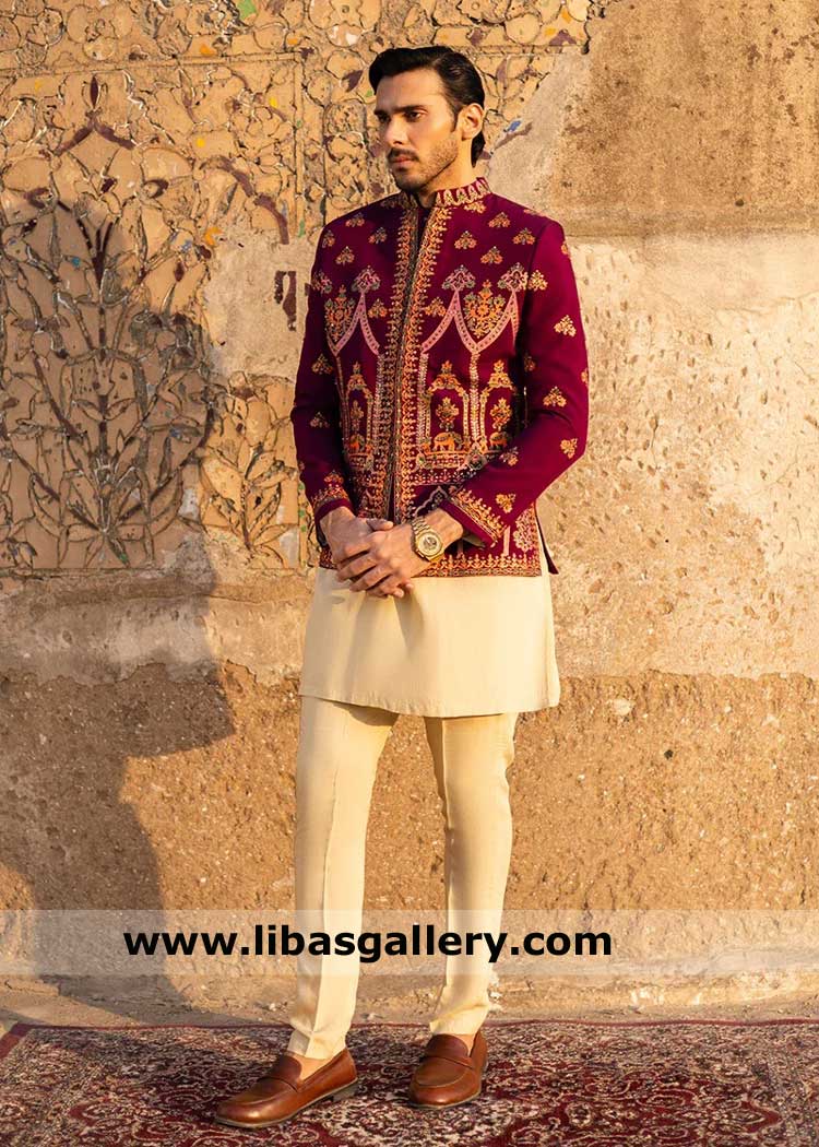 Groom purple hand embroidered wedding prince coat, Meraki Men prince coat for Nikah day, Wedding prince coat set Dubai Alberta Auckland Doha Riyadh