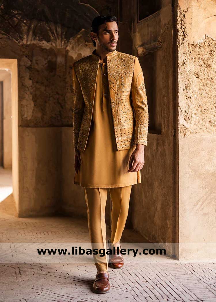 Prince Coat in a vibrant mustard hue crafted from rich quality hand work, Premium Fabrics Wedding prince coat Plymouth Luton Wolverhampton UK