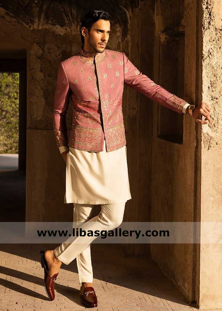 Prince coat for groom in strawberry pink, prince coat pink with gold block printing pattern for wedding, Groom wear Pakistan UK USA Canada Australia Dubai