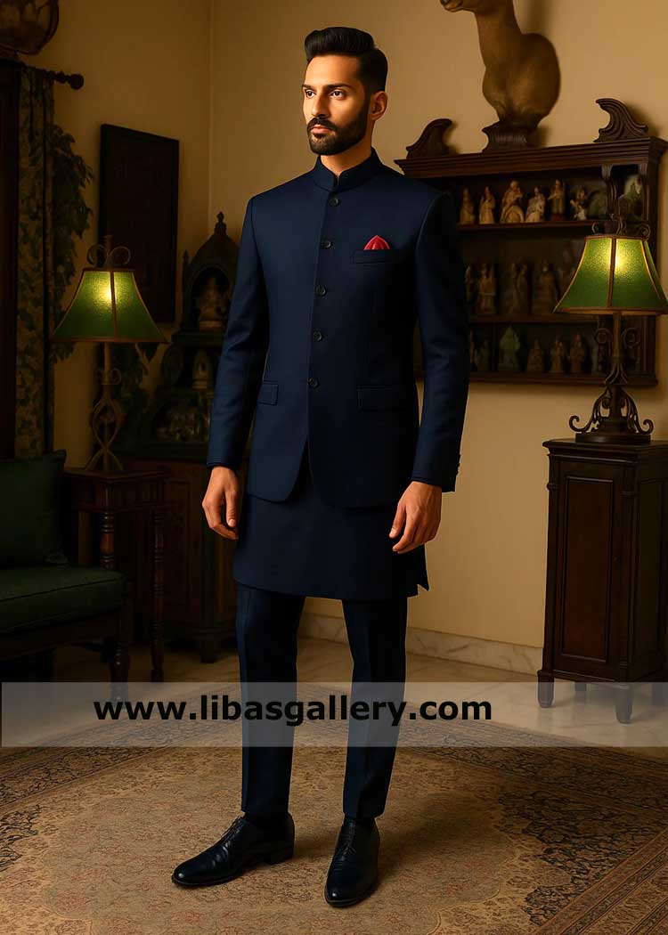 Blue Prince Coat with Kurta Pajama – Groom Wedding Wear UK USA Canada Dubai Saudi Arabia