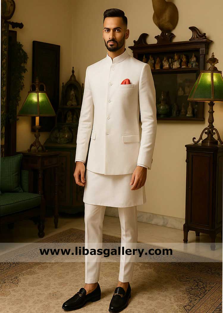 Prince coat in white plain for weddings, groom prince coat white for occasions Doha London Riyadh Dubai California