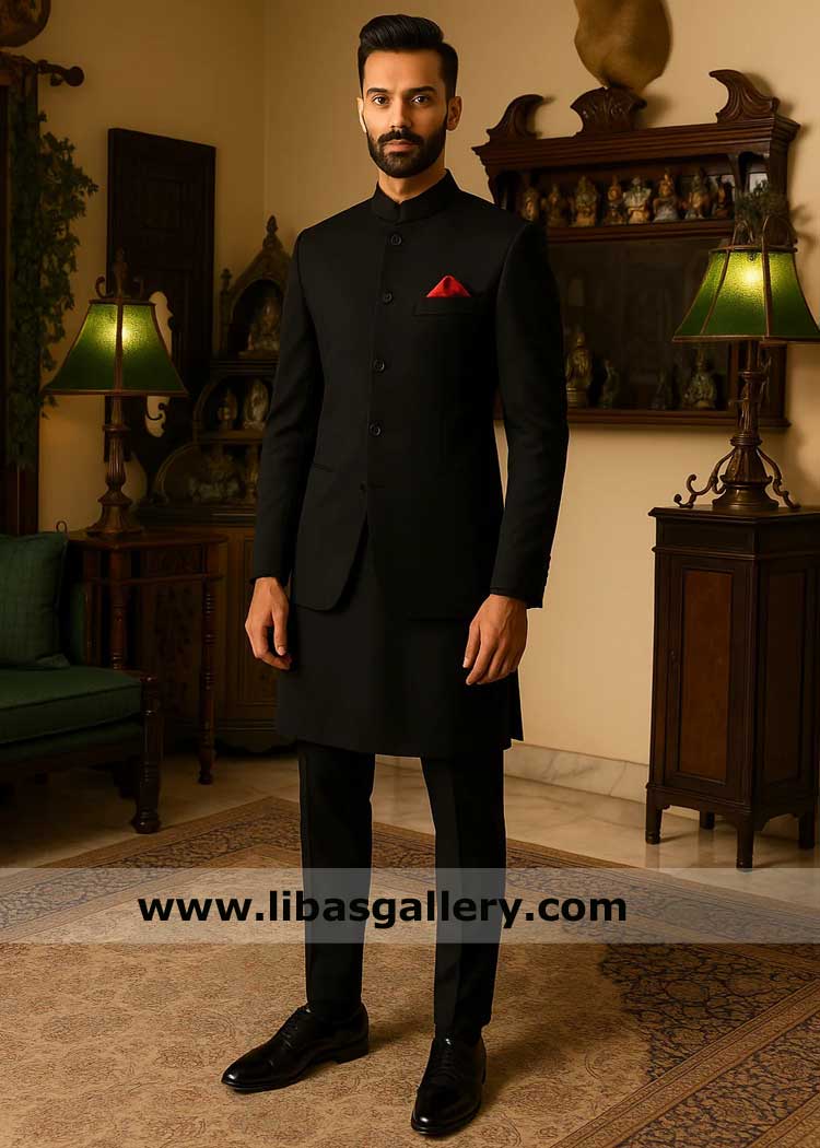 Classic Prince coat in black redefined, plain black prince coat with inner, Premium prince coat for groom UK USa Canada Saudi Arabia Qatar,