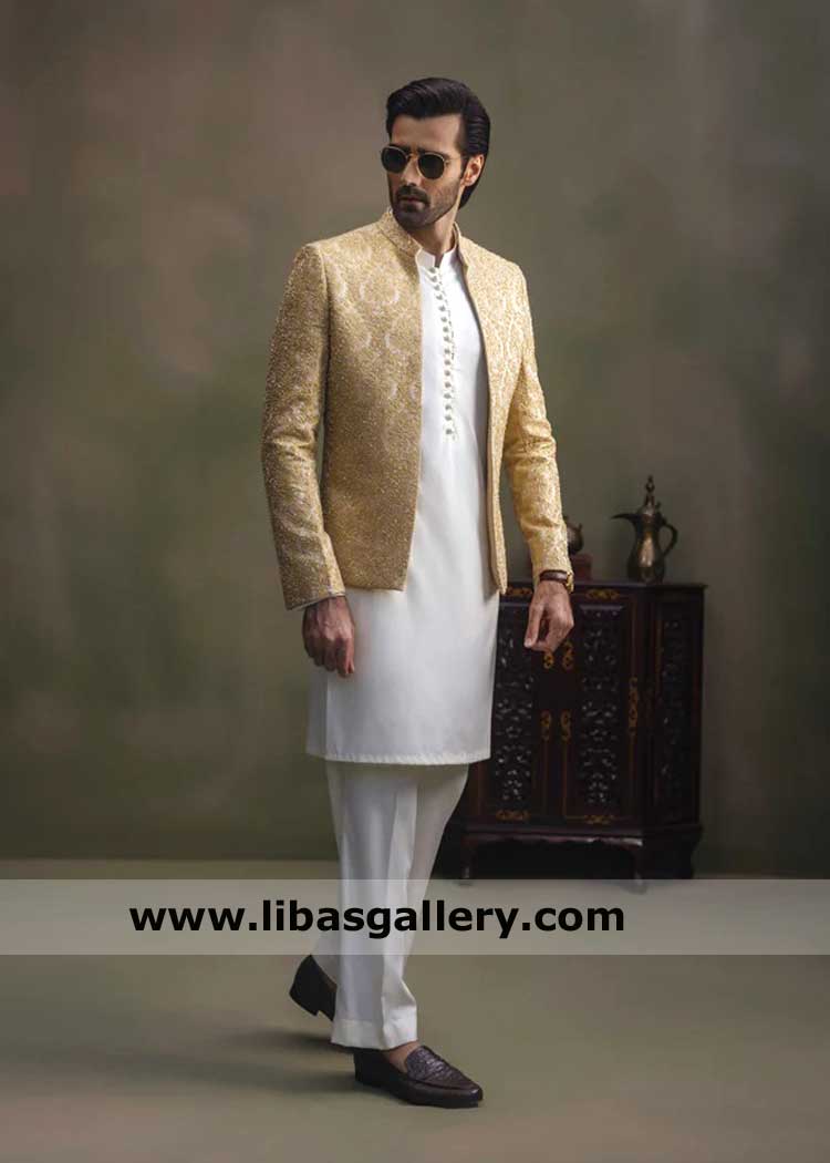 Groom prince coat in royal jamawar with cut dana work, Wedding Prince coat hand embellished Illinois Nashville Sugarland Chicago New York USA