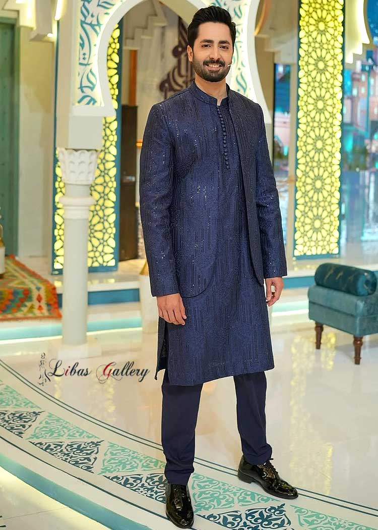 Blue prince coat embroidered with loop buttons kurta and shalwar timeless article Danish Taimoor wearing Sugar land New York California USA
