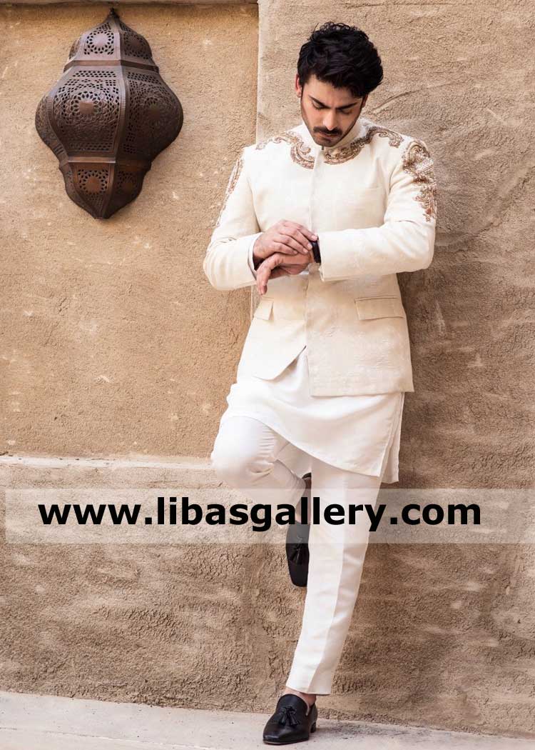 off white antique gold hand crafted prince jacket for groom made by karandi fabric  with kurta pajama UK USA Canada Dubai 