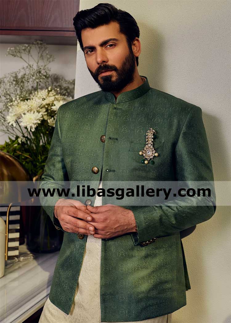 Hunter green precious mehndi and wedding party prince jacket in karandi jamawar best article for mehndi and family gathering dawat dinner France Germany Greece