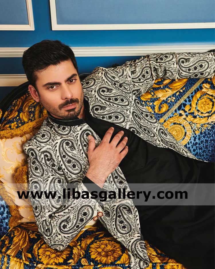 Ivory luxury embroidered fabric wedding prince coat Aazar for man of all ages with inner kurta trouser order now online worldwide qatar uae kuwait saudi arabia
