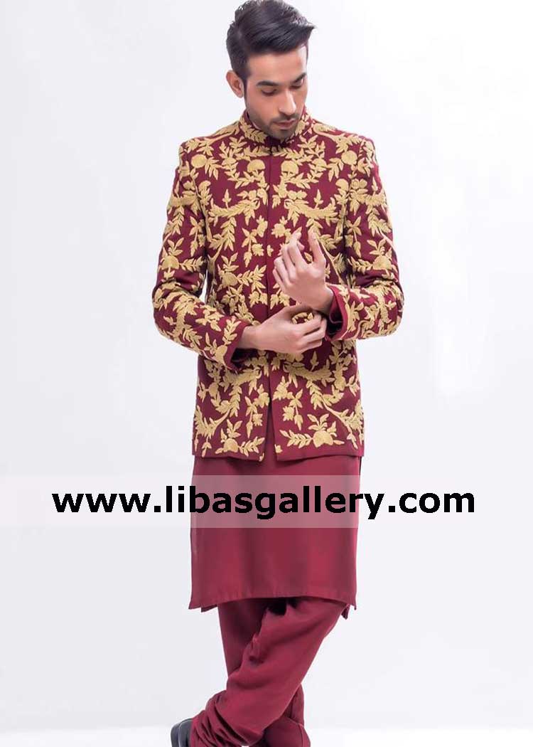 Maroon Gold wedding groom prince coat pants for nikah barat gold thread anchor embroidery on front arms collar Cincinnati Toledo usa