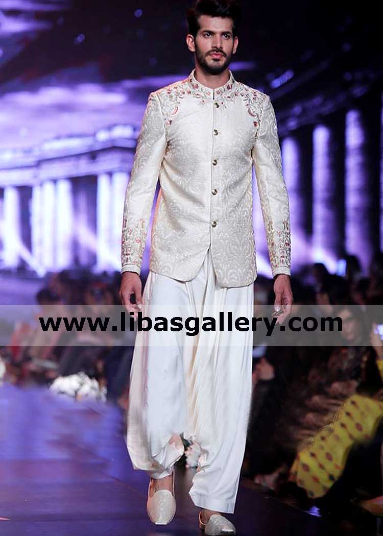 buy jamawar designer prince coat with flared shalwar trouser embroidery on front sleeves collar high quality thread france germany uae
