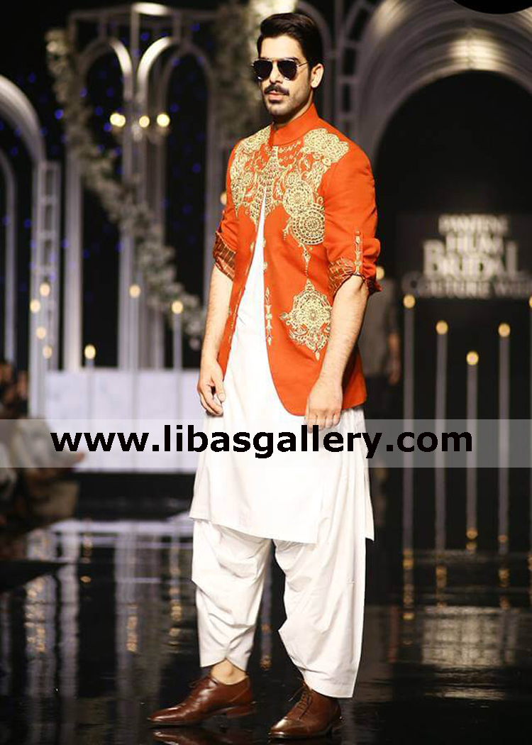 orange rust men prince coat with gold hand embellishment embroidery on front best for occasion and family event uk usa canada
