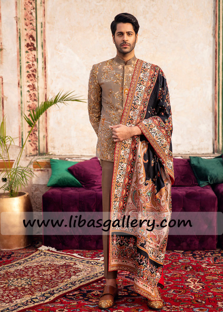 Bronze Prince Coat embellished with thread work mukaish zardoze embroidery for nikah barat USA Saudi Arabia Australia