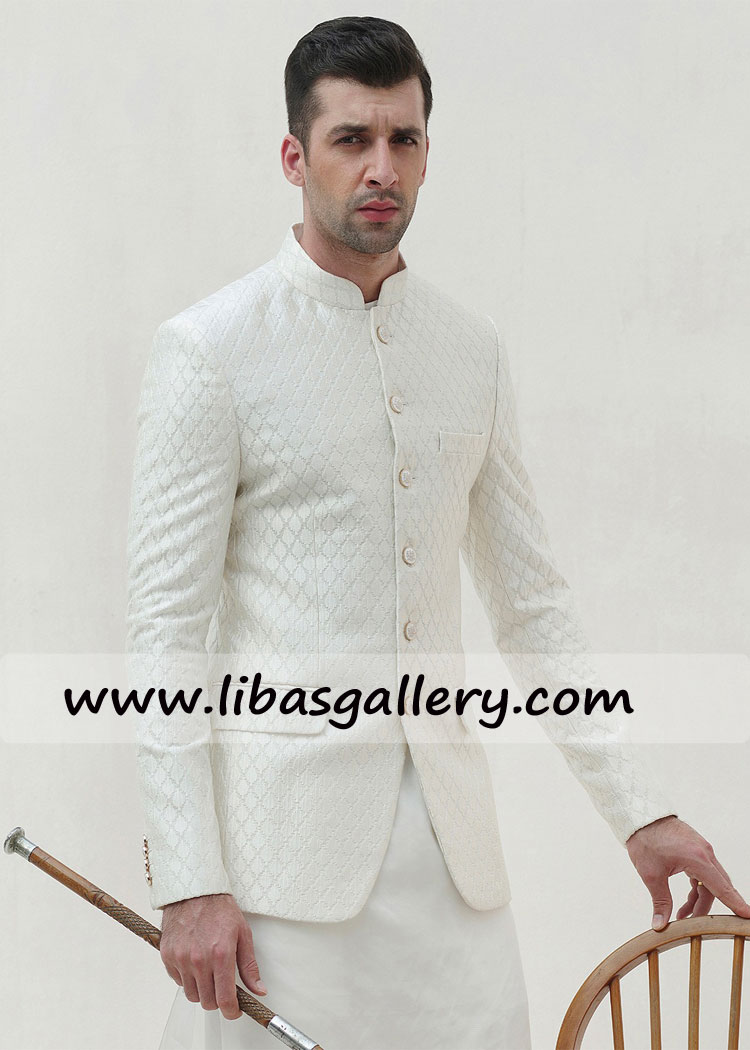 OFF WHITE EMBROIDERED Dulha PRINCE COAT namak para style computer embroidery smooth fancy dubai saudi arabia qatar