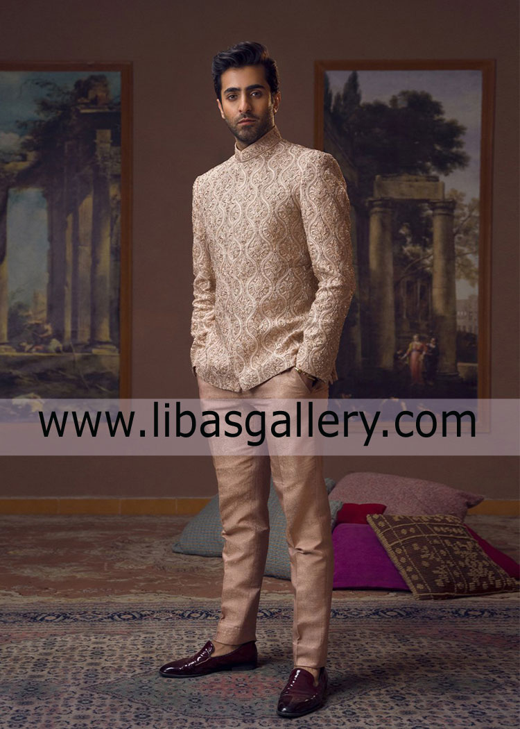 prince coat Pakistani made hand embellished with self jamawar stylish pants suitable for barat walima events saudi arabia dubai new zealand