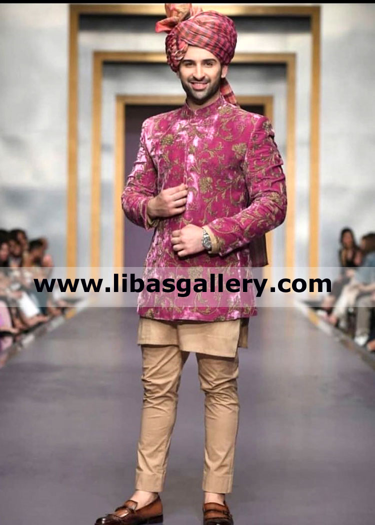Muneeb butt in pink embroidered prince coat for nikah barat value time antique gold embroidery biscuit color inner kurta pajama included in price taiwan spain uae