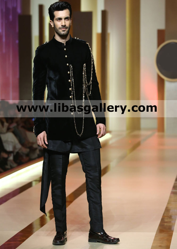 Tall man shehzad noor in black pure velvet prince coat latest military style stitching best for special occasion with matching kurta pajama inner Europe Asia South Africa