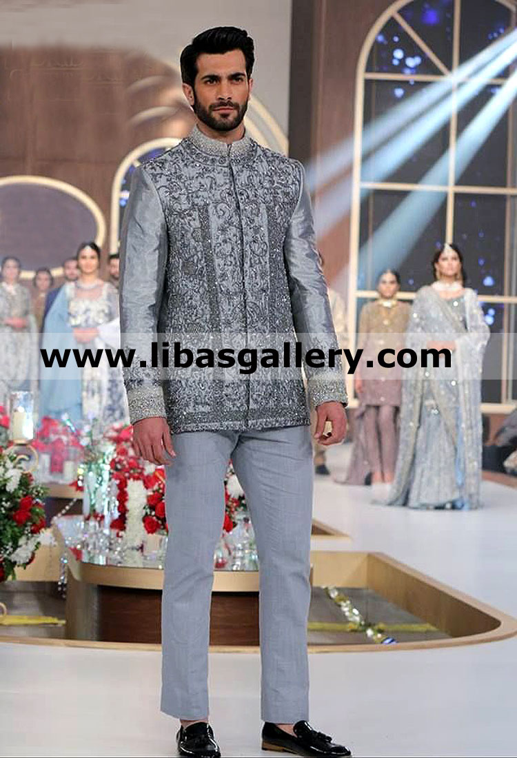 nice man shahzad noor in gray groom dulha prince coat short length by hsy with pants small medium large XL sizes custom made pure fabric uk usa canada