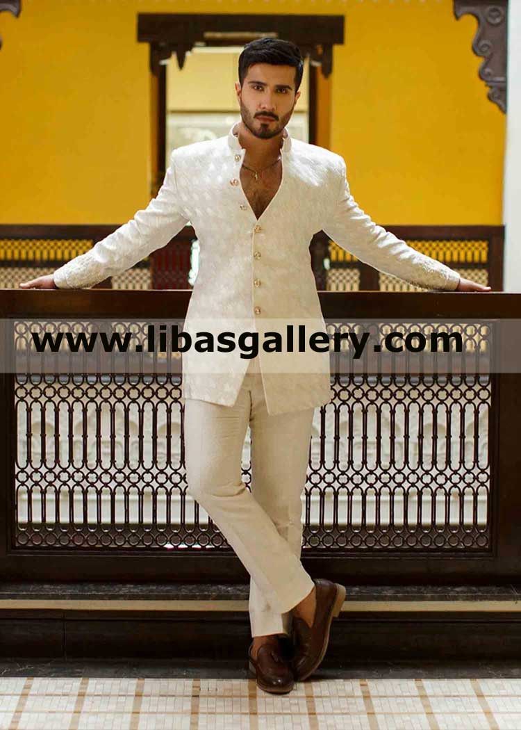 feroze khan in off white karandi prince jacket full embroidered for groom nikah barat mehndi event matching pants qatar switzerland uae