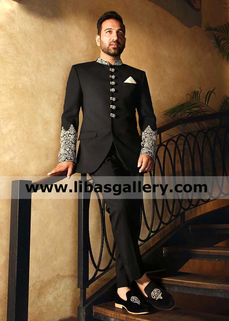 Premium 5 star quality Fabric Black Gents Embroidered Prince Coat kora dabka fancy work on collar cuff with pants uk usa canada