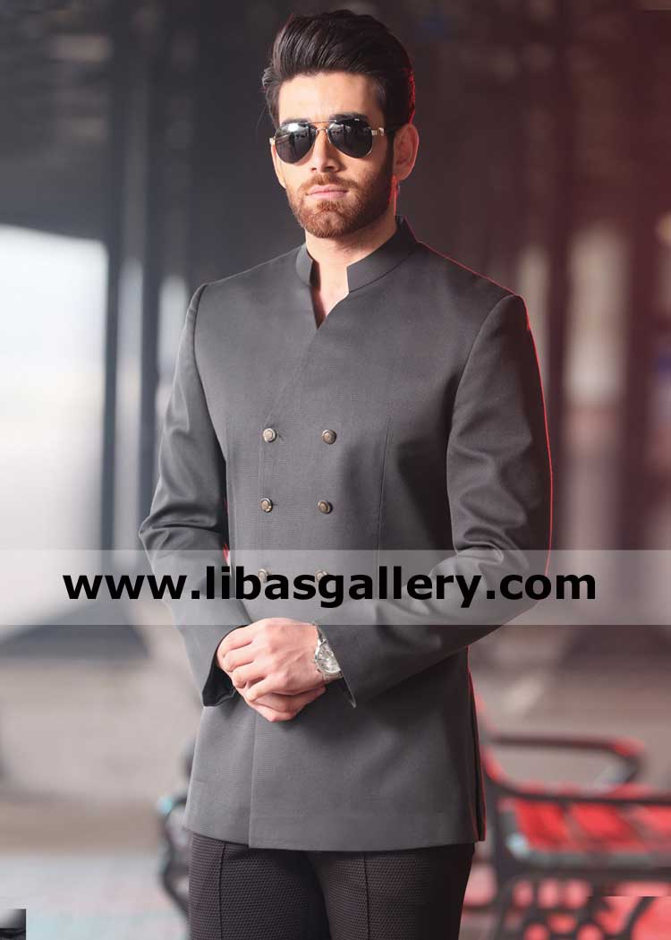 stylish man wearing black prince coat in suiting fabric with 6 fancy buttons slim fit with sherwani collar greece switzerland new zealand