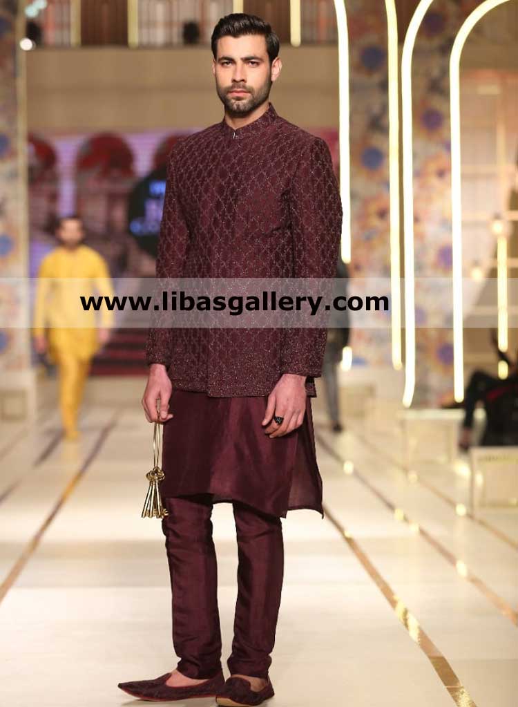 Burgundy prince coat full embroidered for dulha groom nikah barat practice high quality bespoke prince coat store libas gallery uk usa canada