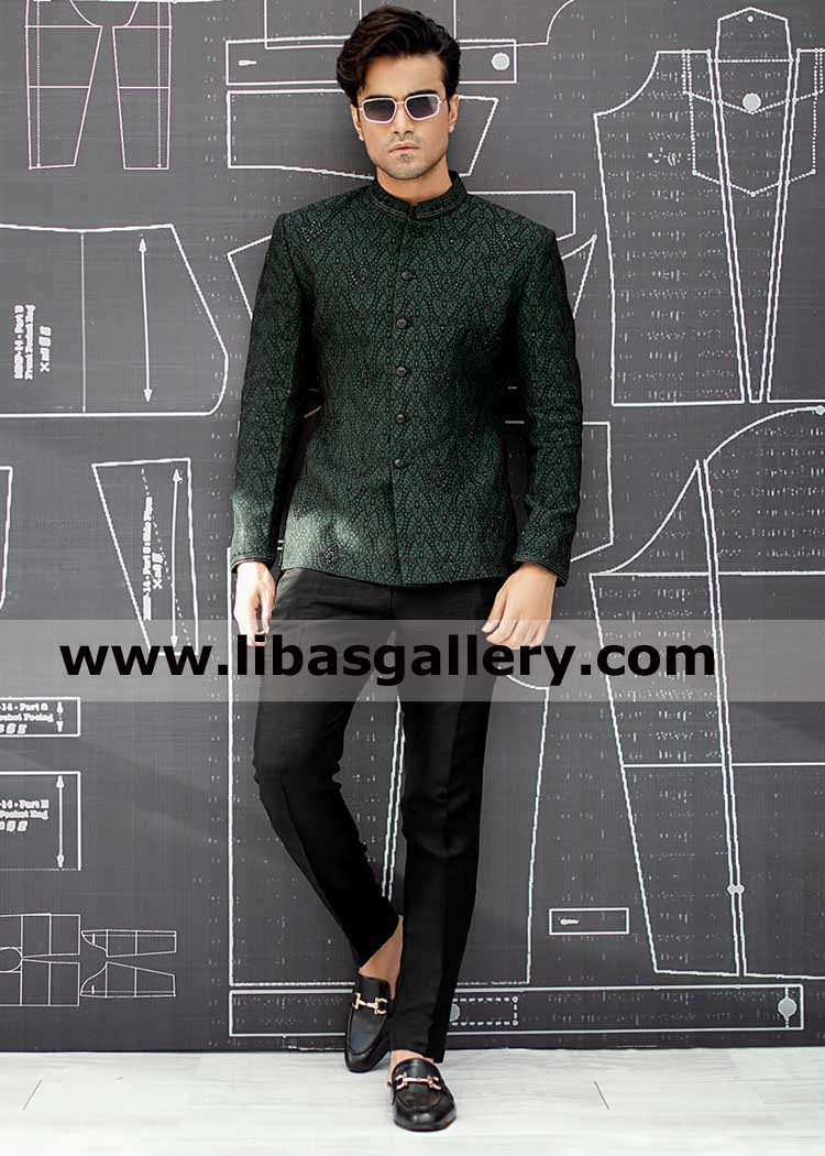 Imported Fabric Male Prince Coat With Embroidered Motifs On Front Panel Collar Sleeves order online for summer winter mehndi walima event UK USA India Pakistan