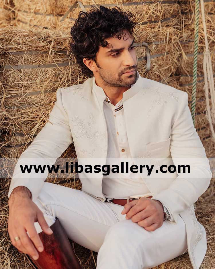 White embroidered gentle man sakura open wedding and occasion jacket ahad raza mir wearing cotton prince coat uk usa canada