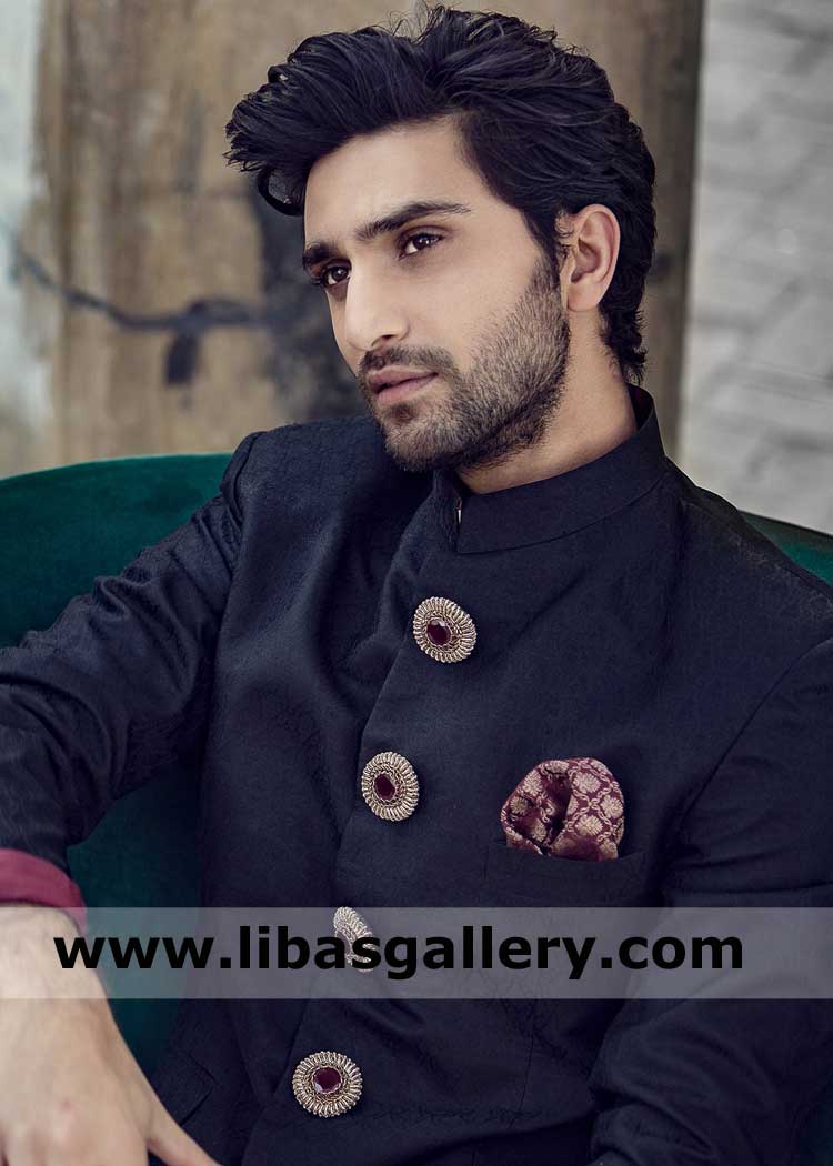 ahad raza mir looking smart in Black self silk fabric gents prince suit with plum inner kurta and trouser fast delivery worldwide Australia Scotland Saudi Arabia