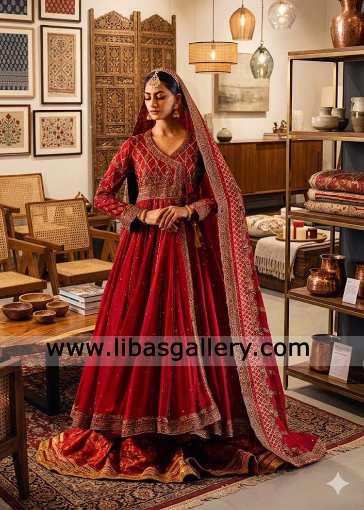 Angrakha style bridal dress in red heavy hand embellished Kora Dabka Zardozi work Banarsi lehenga Nikah Barat latest Red lehengas Angrakha style bridal dress in red heavy hand embellished Kora Dabka Zardozi work Banarsi lehenga Nikah Barat latest Red lehengas