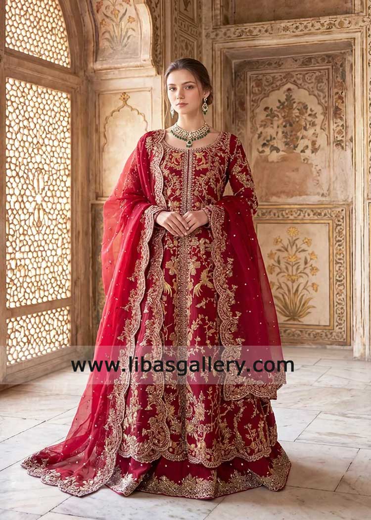Red luxury Pakistani kalidaar bridal with lehenga gold work on organza Red luxury Pakistani kalidaar bridal with lehenga gold work on organza