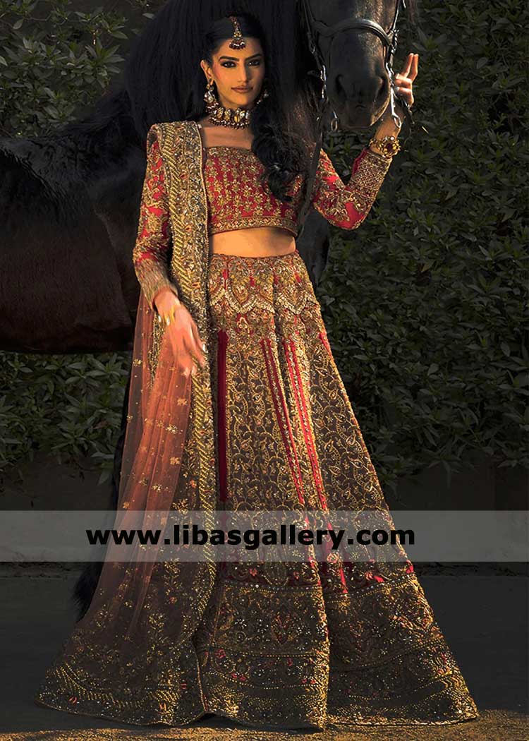 Bridal Lehenga Choli in Red with Antique Gold fancy heavy hand embellishment all over including dupatta borders UK USA Canada Dubai
